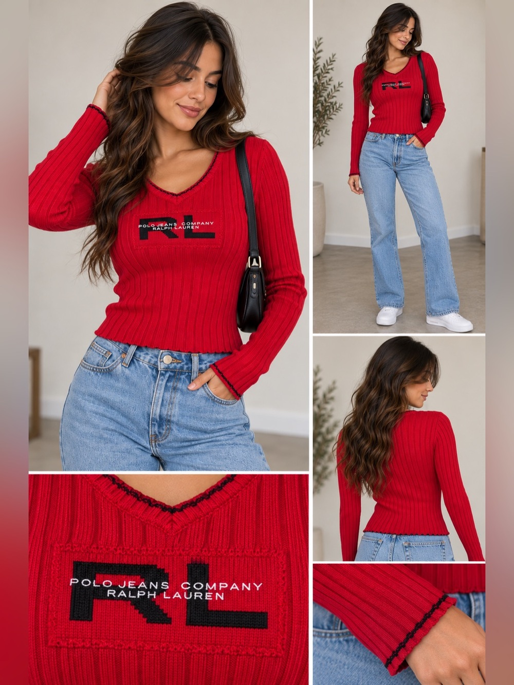 Vintage Polo Jeans Co. Ralph Lauren Red Ribbed Long Sleeve Top size large - Picture 1 of 9